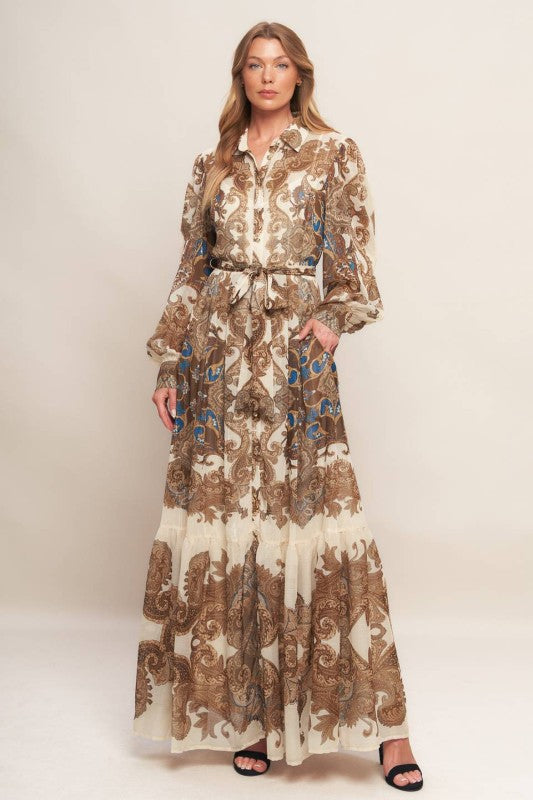Cream and Brown Printed Woven Ruffled Maxi Dress