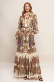 Cream and Brown Printed Woven Ruffled Maxi Dress