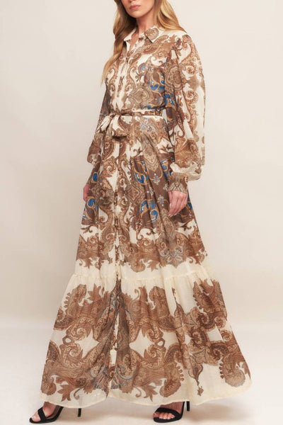 Cream and Brown Printed Woven Ruffled Maxi Dress
