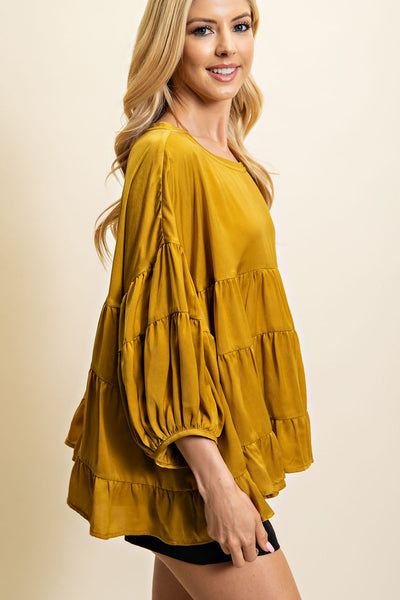 Mustard Colored Round Neck Tiered Satin Top