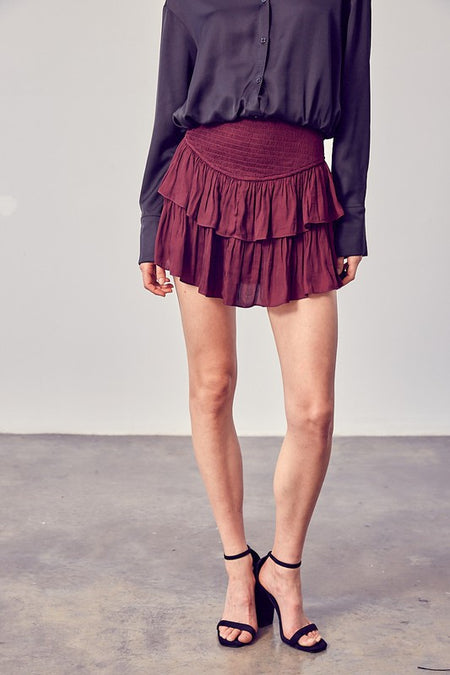 Ecru Colored Ruffle Denim Mini Skirt