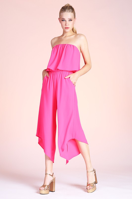 Fuchsia Solid Slanted Hem Strapless Jumpsuit