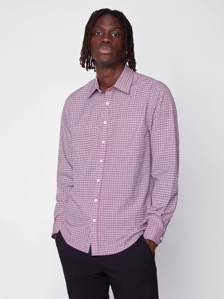 Navy Colored Dobby Print Long Sleeve Button Up