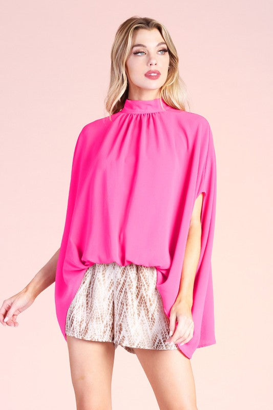 Fuchsia Colored Textured Solid Mock Neck Caftan Top