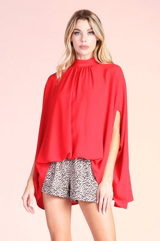 Tomato Red Colored Textured Mock Neck Caftan Top