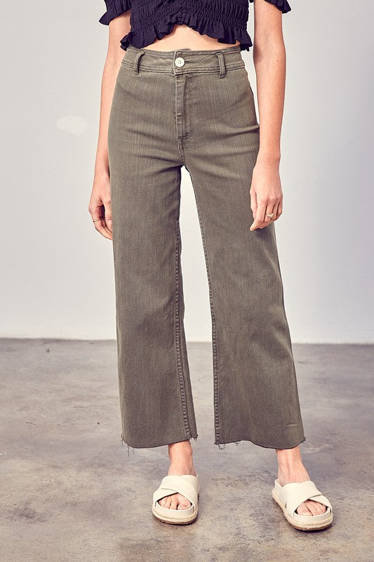 Faded Olive Colored Wide Leg Straight Denim Pants