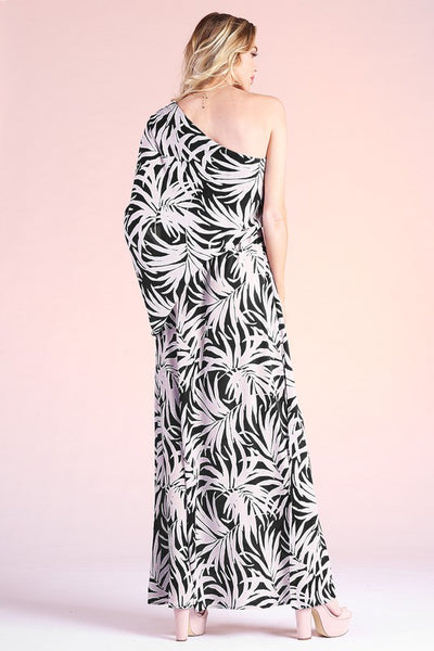 Black Tropical Slouchy One Shoulder Maxi
