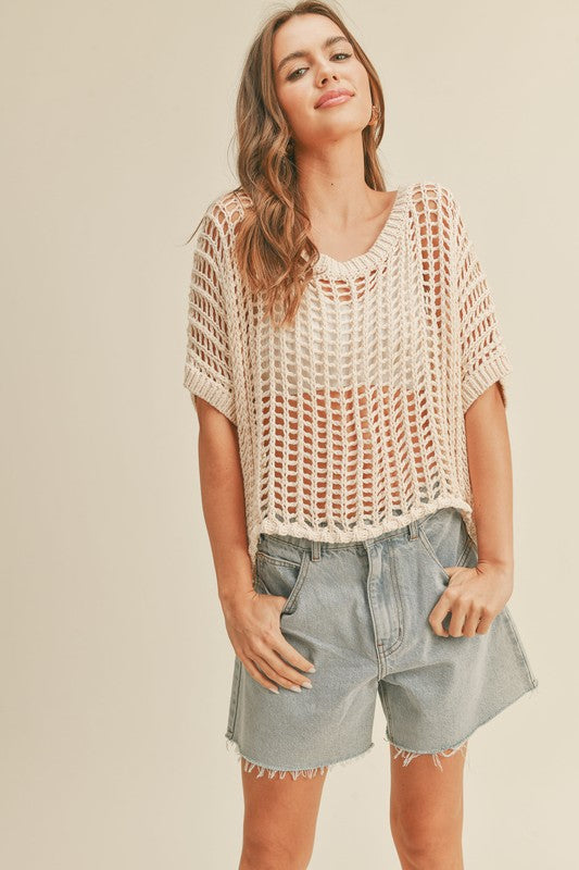 Beige Colored Light Weight Net Patterned Knit Top