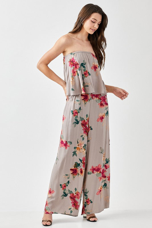Grey Floral Printed Wide Leg Jumpsuit