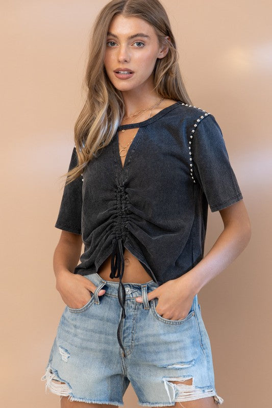 Black Colored Tie Front Stone Studded Top