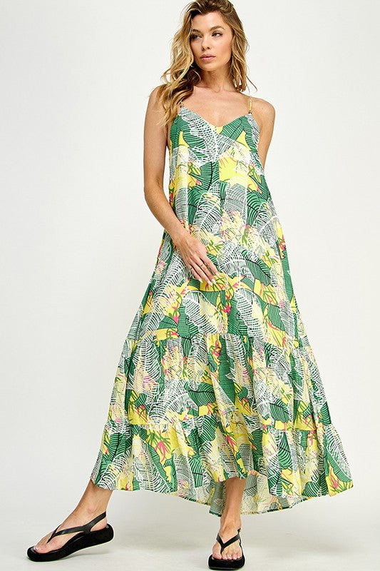 Green and Yellow Tropical Print Tie Back Maxi Dress
