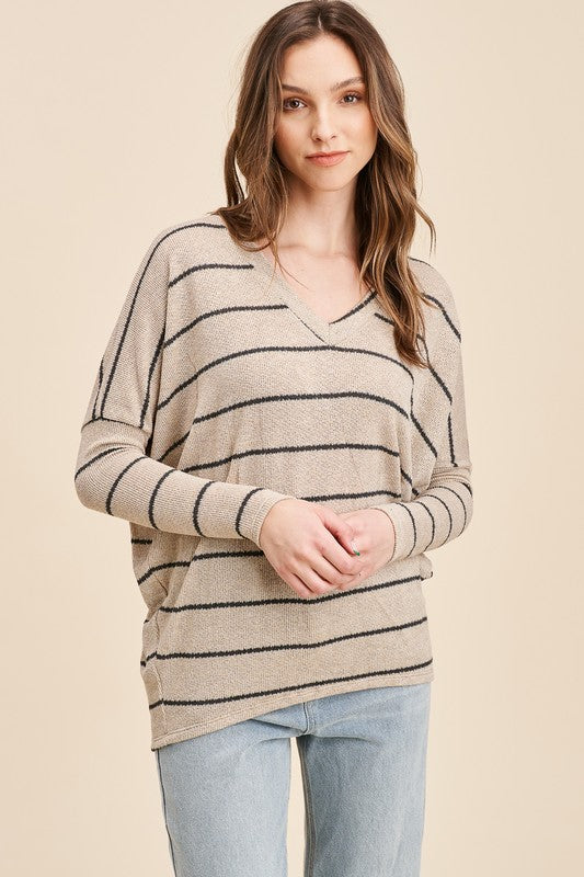 Taupe Colored V Neck Striped Dolman Top
