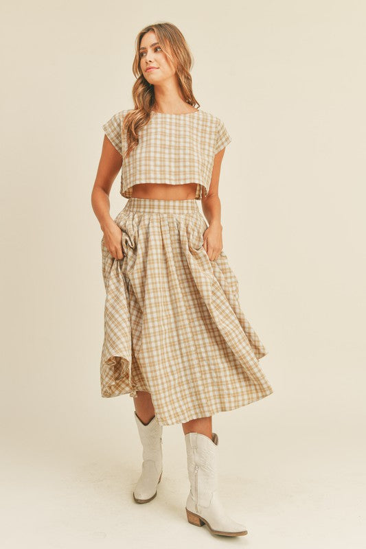 Taupe Colored Plaid Crop Top and Midi Skirt Set