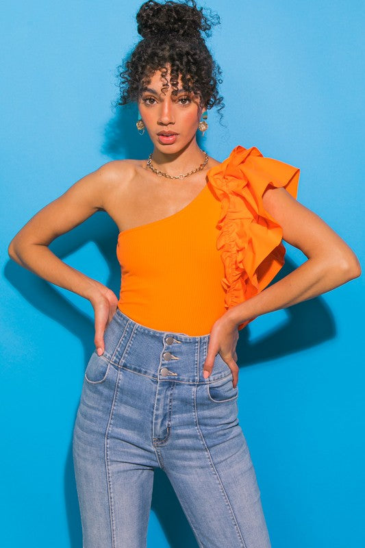Orange Colored Solid Knit Bodysuit