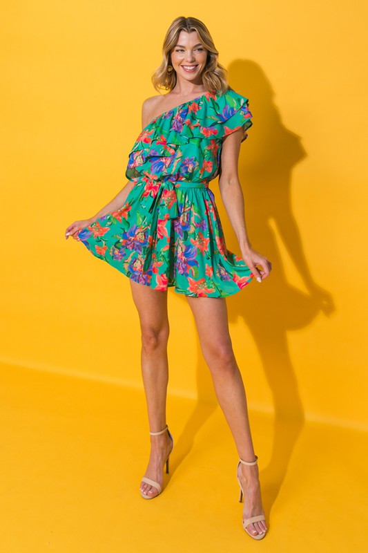 Green and Floral Print One Shoulder Romper