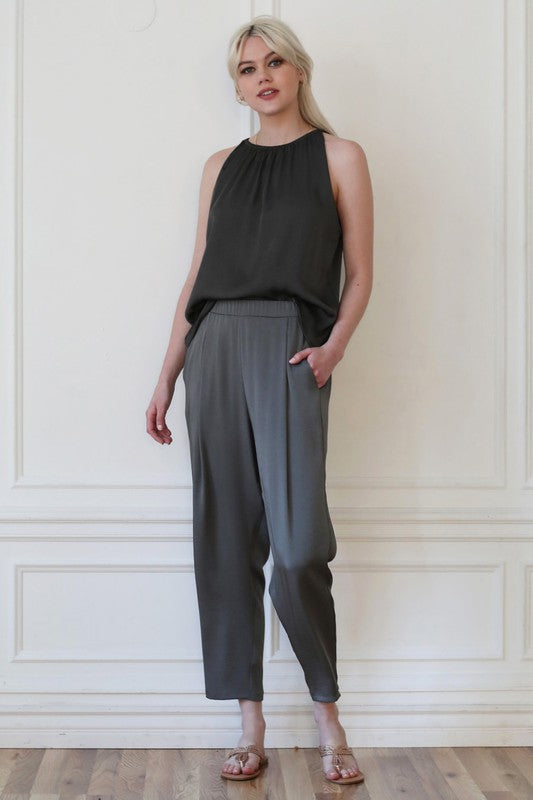 Black Colored Washed Silk High Neck Tank