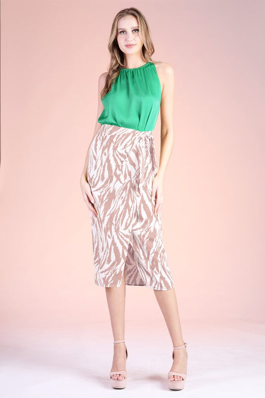Green Colored Washed Poly Silk Elastic High Neck Tank Top