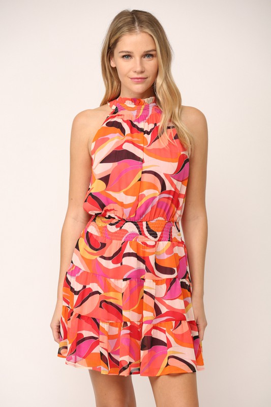 Coral and Yellow Geo Print Halter Neck Dress
