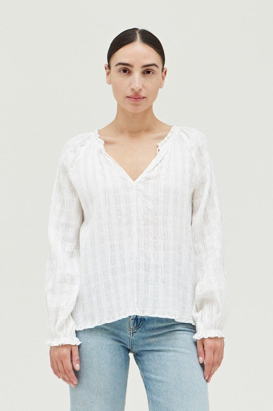 Off White Textured V Neck Blouse