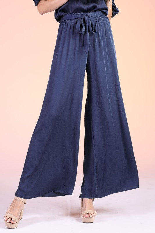 Navy Colored Washed Poly Silk Tie Waist Wide Leg Pants