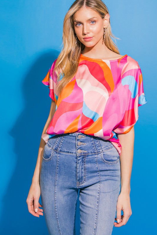 Pink and Blue Printed Satin Round Neck Top