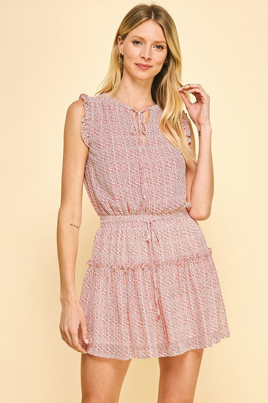 Red Colored Print Ruffle Mini Dress
