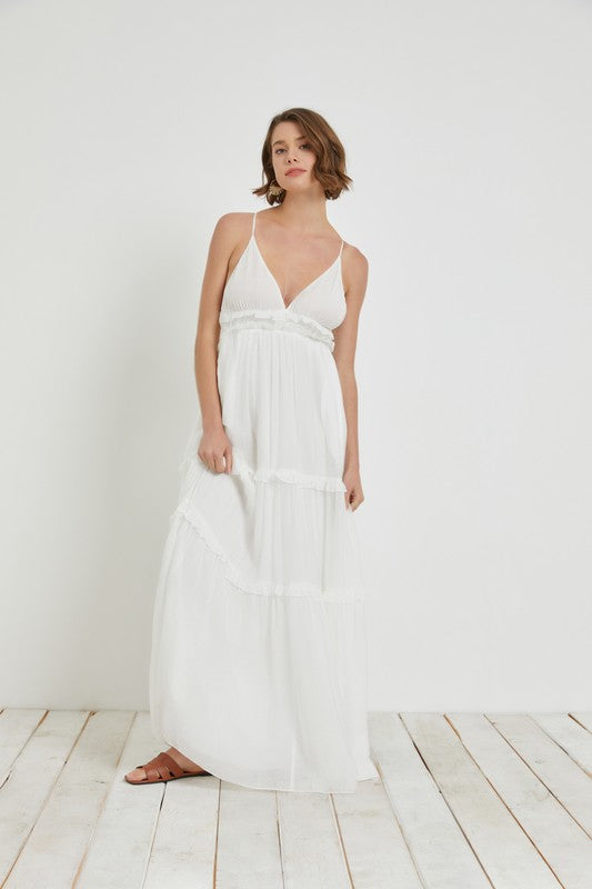 Snow White Colored Back Tie Cutout Tiered Dress