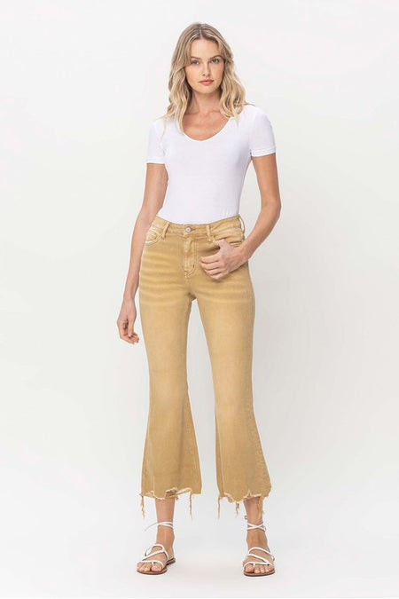 Green High Rise Crop Flare Jeans