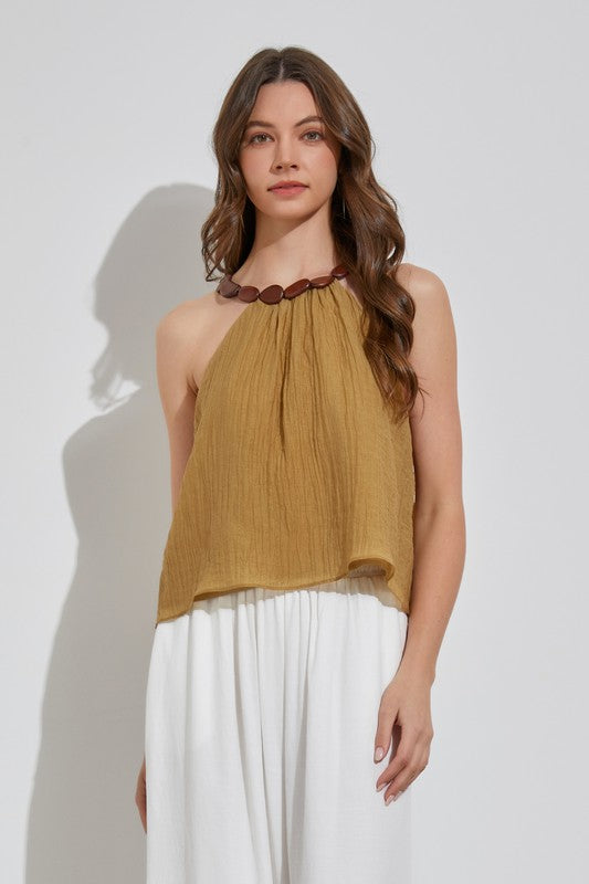 Sand Colored Pleated Trim Detail Top