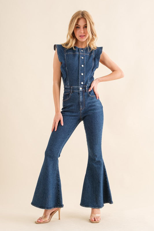 Medium Wash Denim Ruffle Sleeve Bell Bottom Jumpsuit