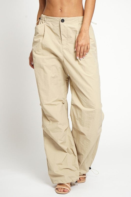 Khaki Colored Pull Cord Nylon Cargo Pants