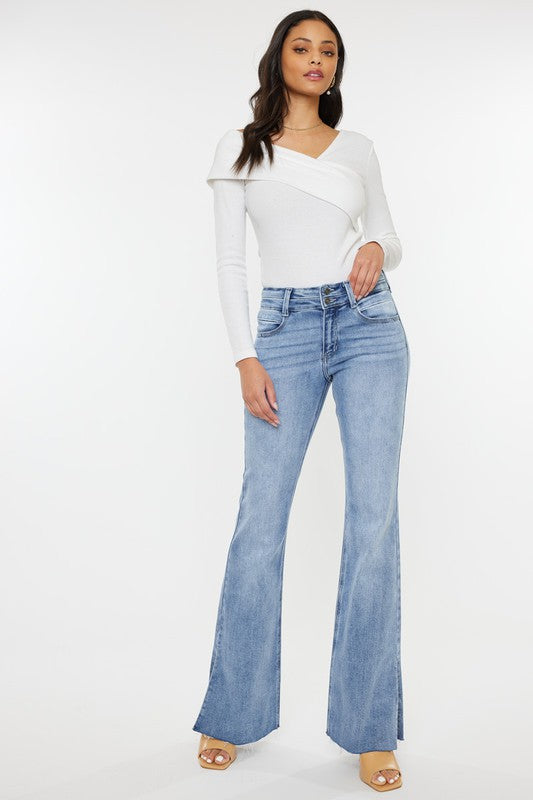 Mariah Medium Wash Mid Rise Flare Jeans with Side Slit