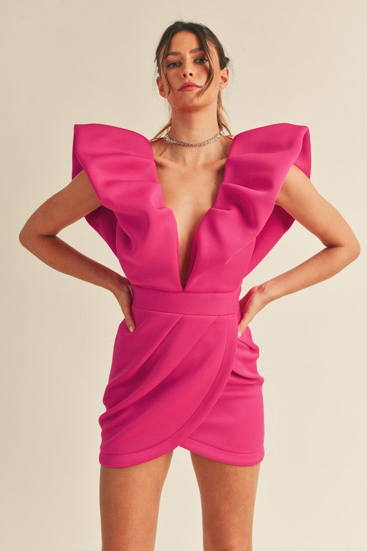 Hot Pink Bubble sleeve Wrap Mini Dress