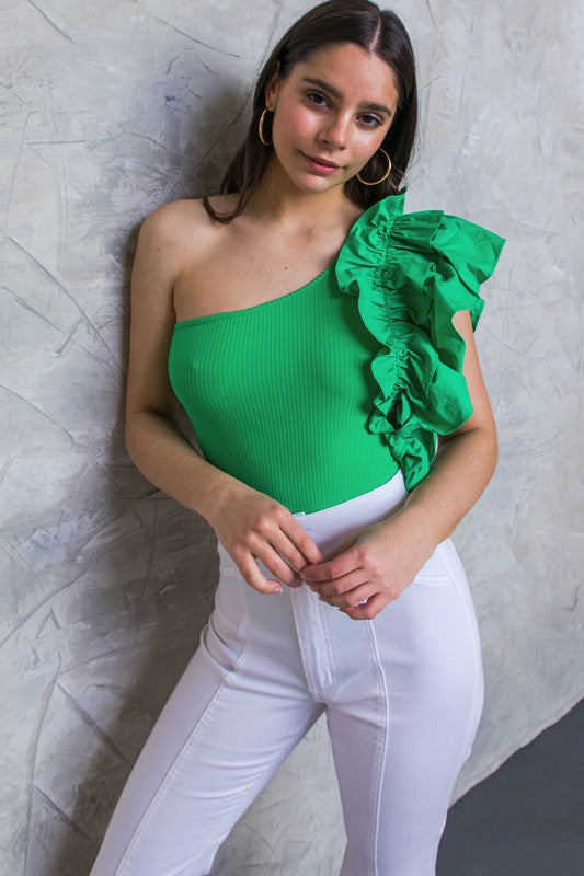 Green Colored Ruffled One Shoulder Bodysuit
