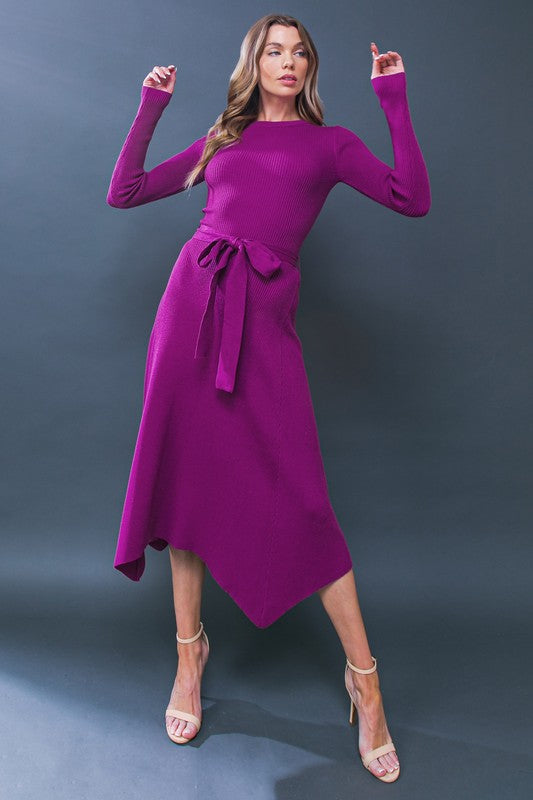 Orchid Colored Ribbed Long Sleeve Midi Sweater Dress