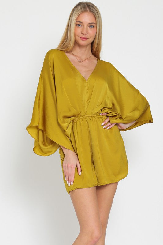 Golden Mustard Colored Kimono Sleeve Tie Back Neck Romper
