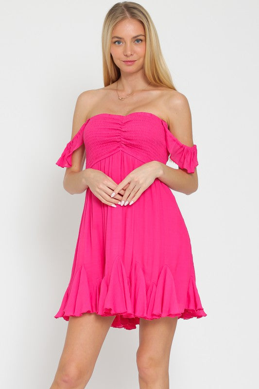 Fuchsia Tube Ruffle Hem Detailing Mini Dress