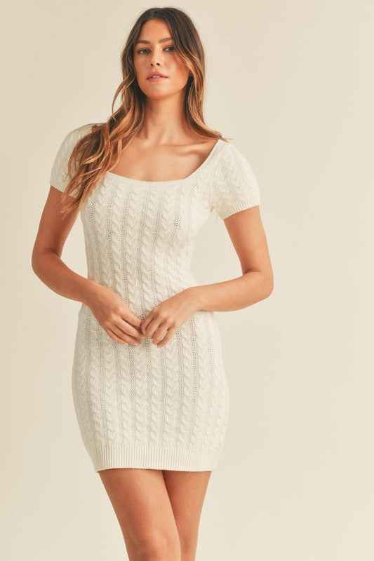 Cream Colored Back Tie Square Neck Knit Mini Dress