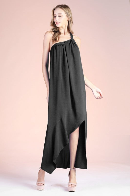 Black Textured One Shoulder Asymmetrical Dress Large