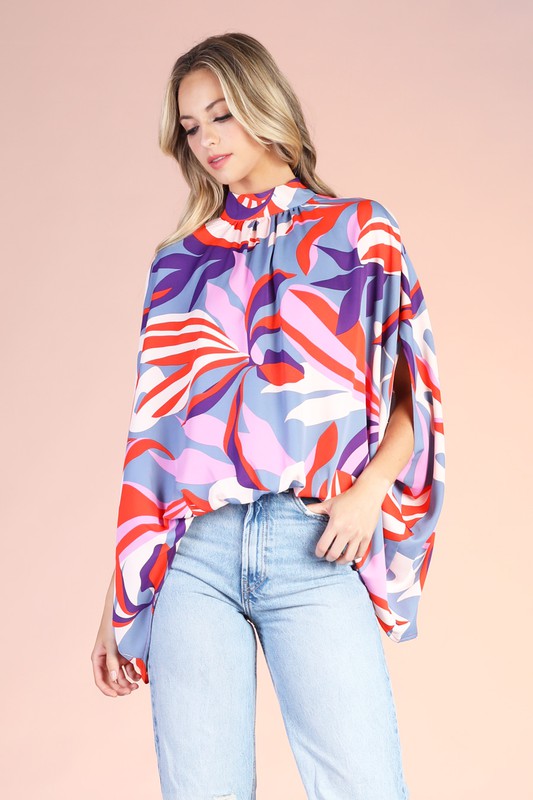 Grey Blooming Lily Mock Neck Caftan Top