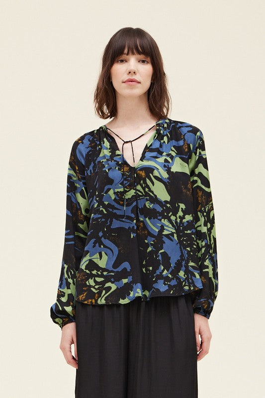 Green and Blue Satin Print Blouse