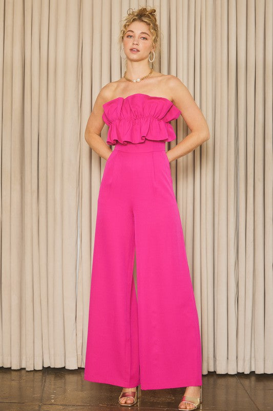 Magenta Pink Colored Strapless Ruffled Wide Leg Jumpsuit