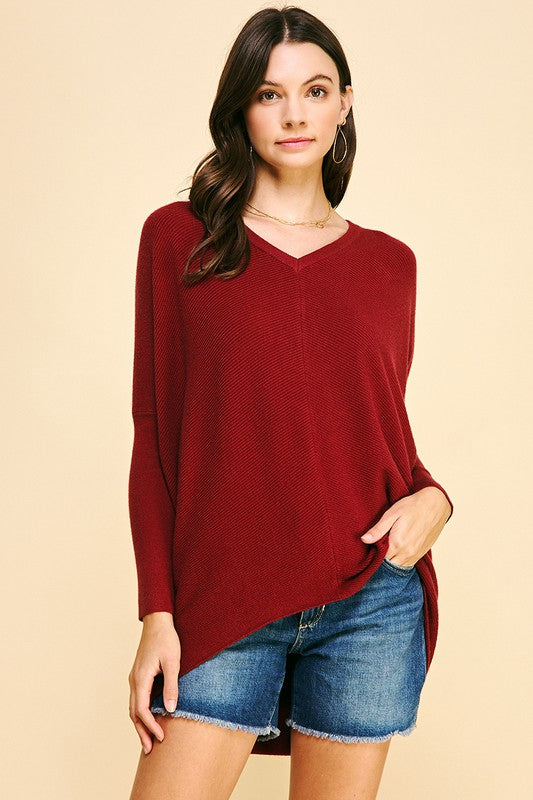 Wine Colored V Neck Dolman Sleeve Sweater