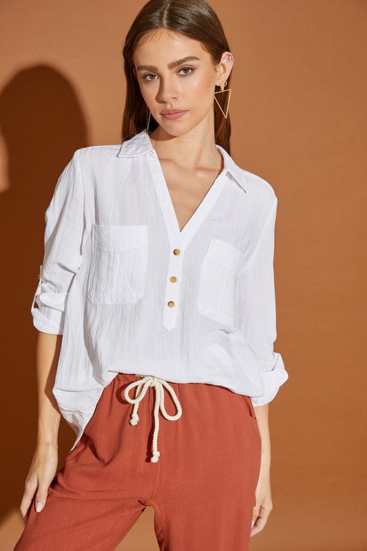 White Colored V Neck Button Down Henley Shirt