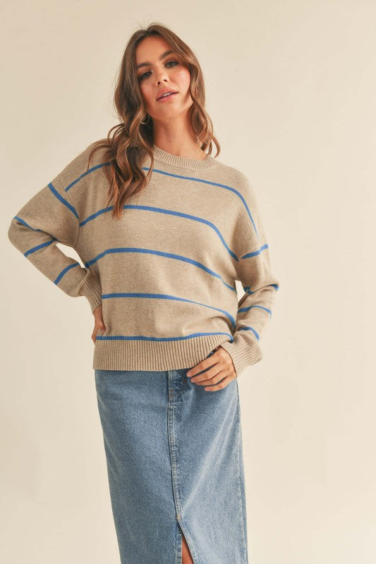 Taupe and Blue Striped Pattern Sweater