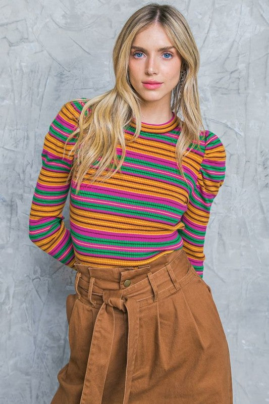 Pink Green and Brown Round Neck Puff Long Sleeve Sweater