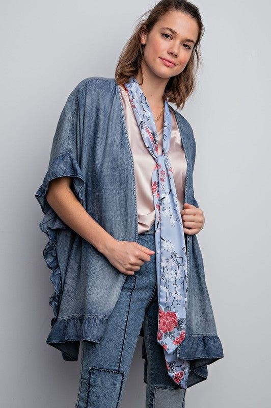 Washed Denim Open Cardigan