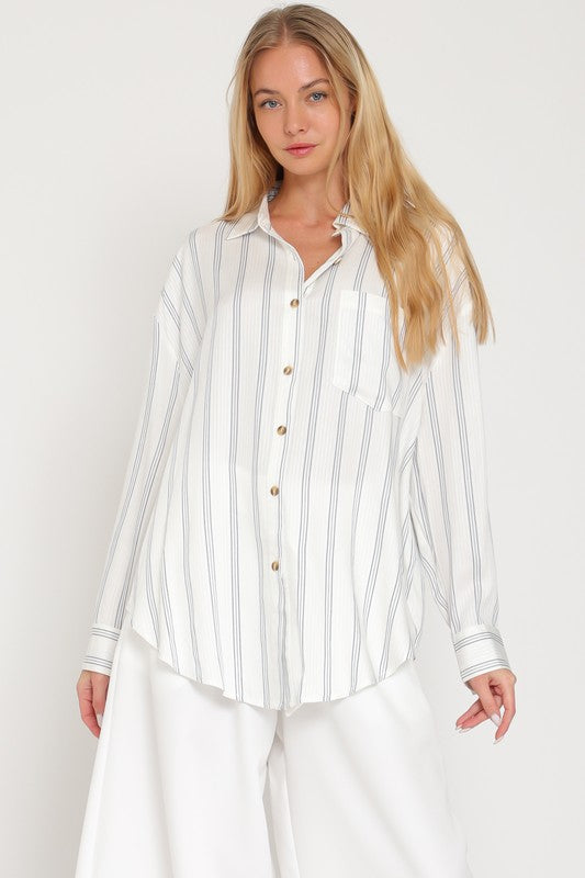 White and Navy Long Sleeve Strip Button Down Top
