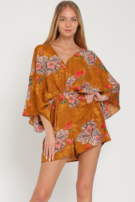 Camel Brown Floral Multi Print Kimono Sleeve Tie Back Neck Romper