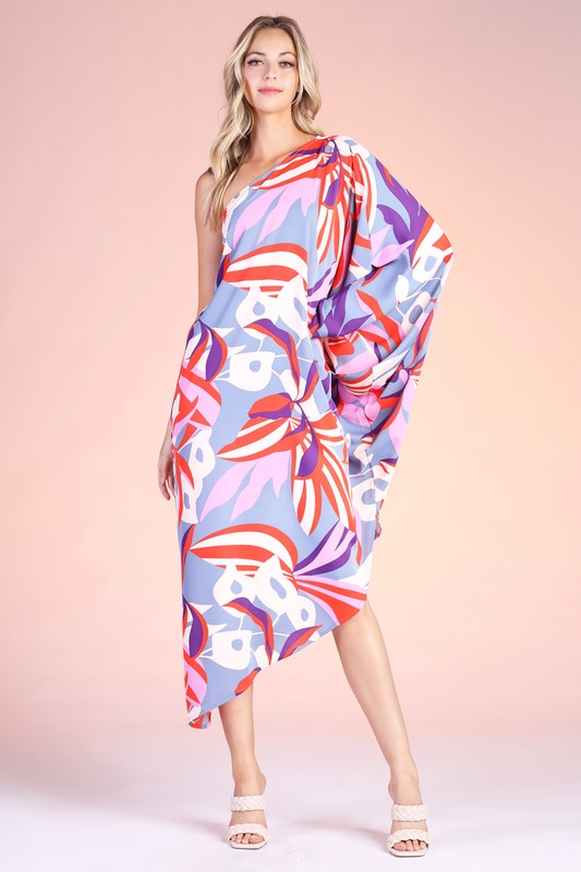 Grey Multi Design Blooming Lily Asymetrical One Sleeve Dress